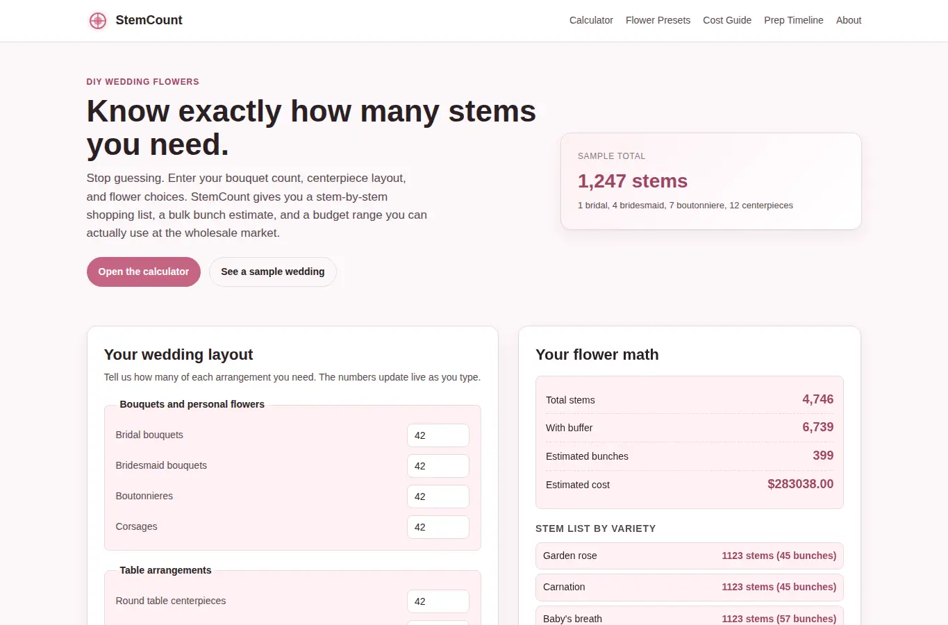 Screenshot of StemCount: Wedding Flower Stem & Budget Calculator interface showing the project page in use